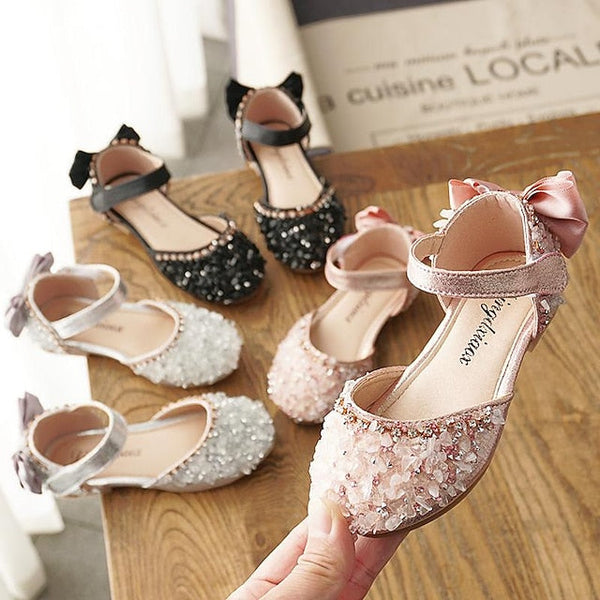 Girl Sparkly with Shoes Crystal and Bow Flower Girls' Satin FashionChic
