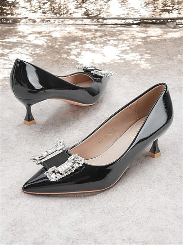 Black Patent with Leather Women's Embellished Crystal Pumps FashionChic