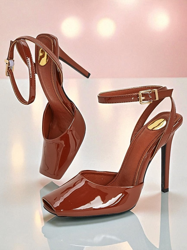Women's Toe Peep Heels Patent - Dark High Green Leather FashionChic