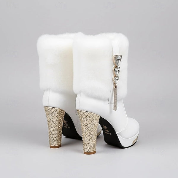 Heels White Ankle Boots - with Women's Faux Rhinestone Fur FashionChic
