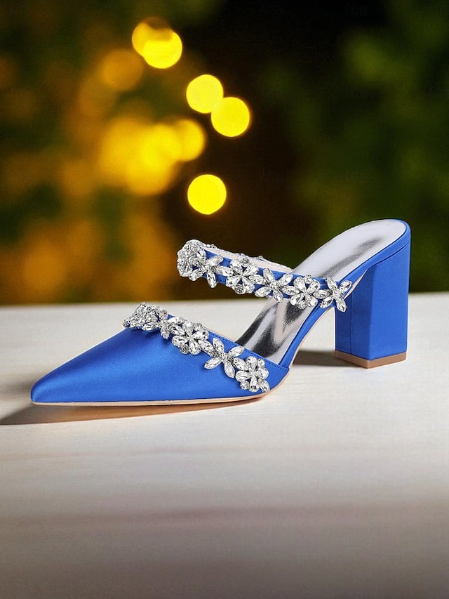 Floral Women's with Satin Block Heel Rhinestone Mules Black FashionChic