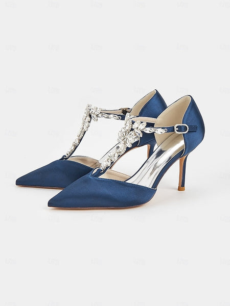 Heels Satin Blue Navy Toe – Pointed Women's T-Strap FashionChic