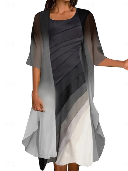 Women's Ombre Crew Neck Long Dress Maxi Dress 3/4 Length