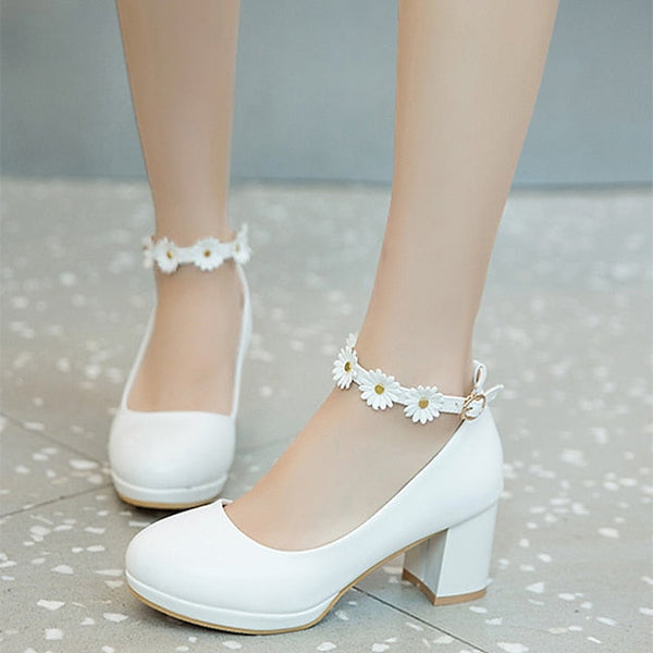 Girls' Daisy with Dress Flower Shoes Ankle Heel White Block FashionChic