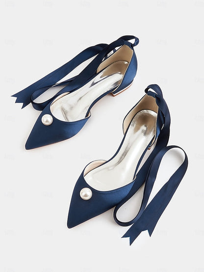Women's Pearl Navy Toe - Satin Pointed Flats Embellished FashionChic
