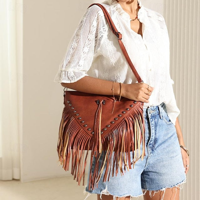 Style Leather with Women's Fringe Crossbody Bohemian Bag FashionChic