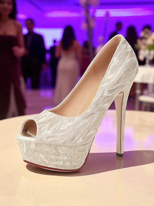 Silver Pattern Women's Heels Platform Subtle with Peep-Toe FashionChic