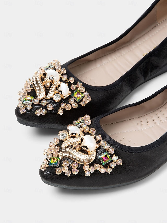 Women's with Black Flats Ballet Rhinestone Foldable FashionChic