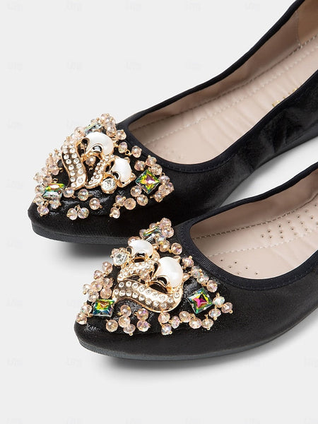Women's with Black Flats Ballet Rhinestone Foldable FashionChic