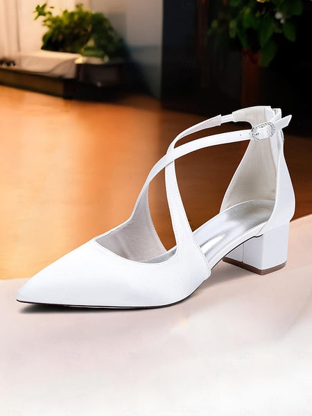 Satin - Block Pointed Toe Women's Heels Elegant Ivory FashionChic