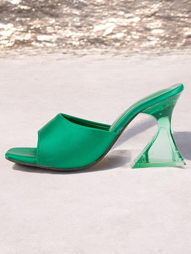 Open-Toe Block Mules with Transparent Satin Green for Heels FashionChic