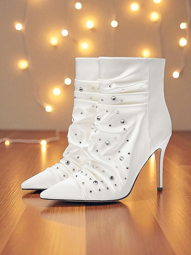 Boots with Satin Women's Ankle Rhinestone White FashionChic