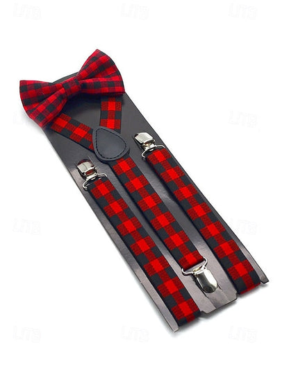 Men's Set Tie Plaid and Adjustable Suspender Bow Christmas FashionChic