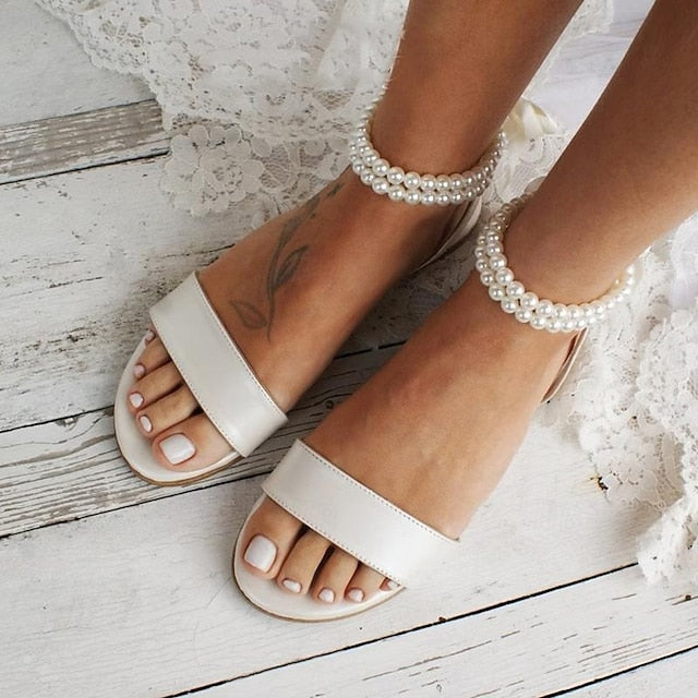 Sandals Women's Flat Ankle White Pearl Strap with – FashionChic
