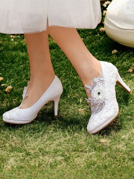 Shoes with Heel High White Embellishments Floral Bridal Lace – FashionChic