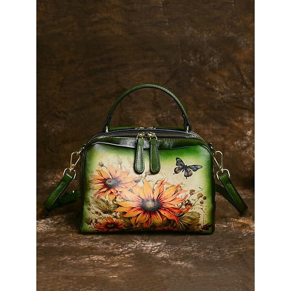 – Sunflower Print Vintage with Handbag Leather and Butterfly FashionChic