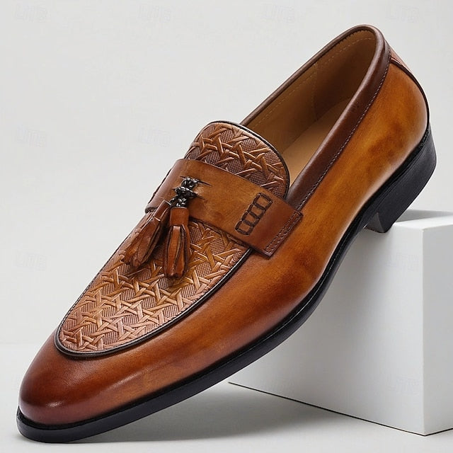 – Leather Tan Vintage Men's Loafers Dress Tassel Slip-On FashionChic