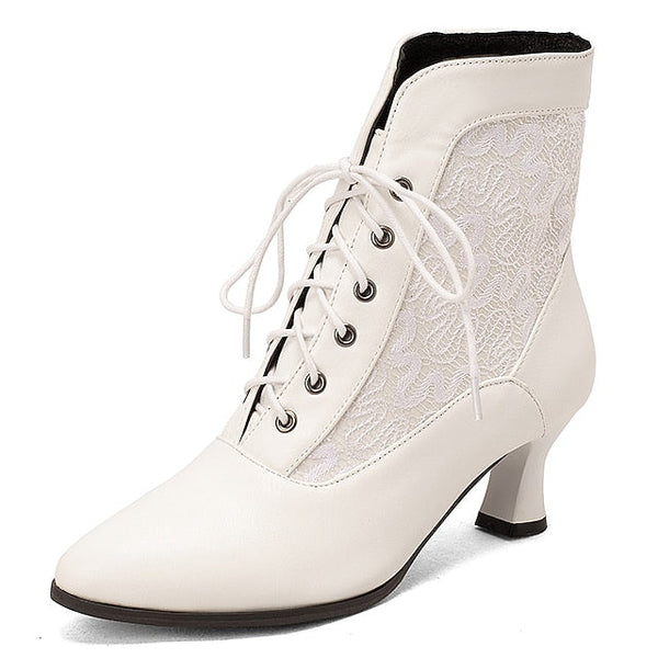 White Ankle Lace-Up Embroidered with Boots Women's Panels FashionChic