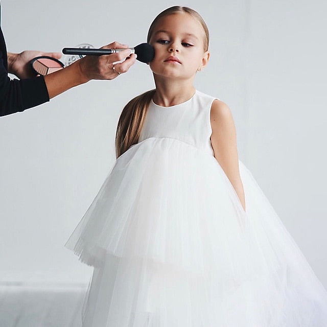 Wedding Color Girls' Sleeveless Party Solid Dress Mesh Kids FashionChic