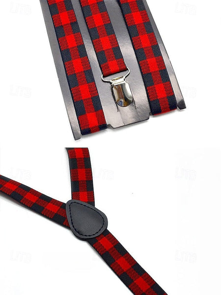 Men's Set Tie Plaid and Adjustable Suspender Bow Christmas FashionChic