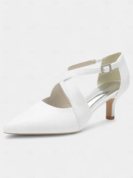 Glitter Heels Cross with Kitten White Strap Rhinestone Buckle FashionChic