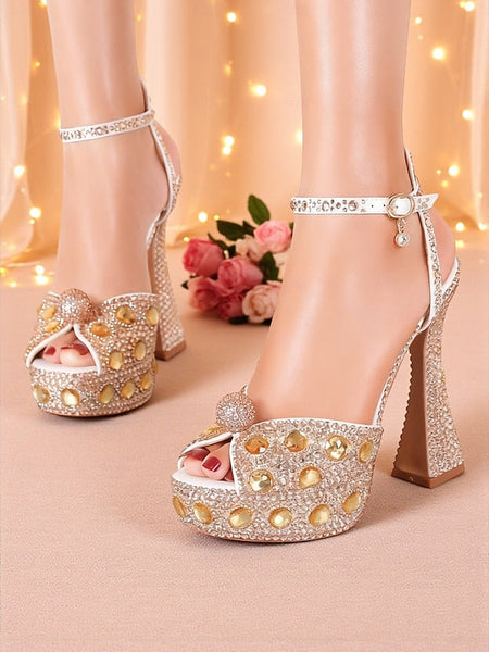 with Heel Women's Matching Rhinestone Platform Sandals High FashionChic