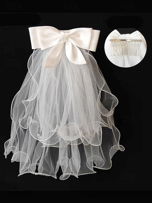 and Soft - Bridal Satin Tulle Ivory Ribbon with Veil Elegant FashionChic