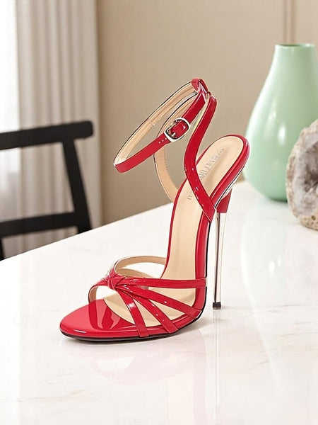 Heels Strappy Red Leather - Patent Knot Stiletto Women's FashionChic