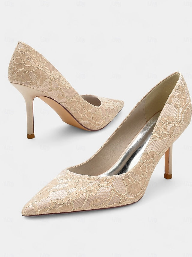 Stiletto Women's - Heels Lace-Embroidered Pointed-Toe FashionChic