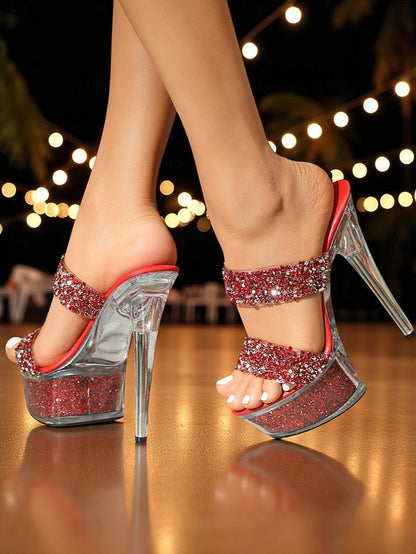 High Heel Glitter Platform Rhinestone Mules Women's Peep - FashionChic