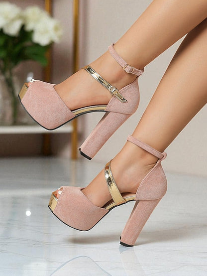 Toe Heel Suede Red Block Sandals Peep Women's Platform - FashionChic