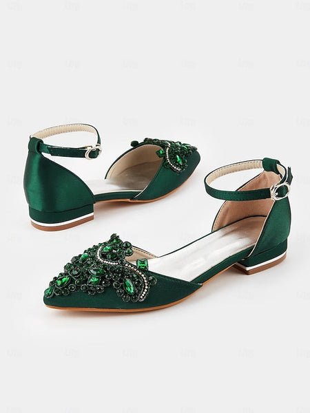 Flats – Green Embellished Vintage Gemstone Pointed-Toe Style FashionChic