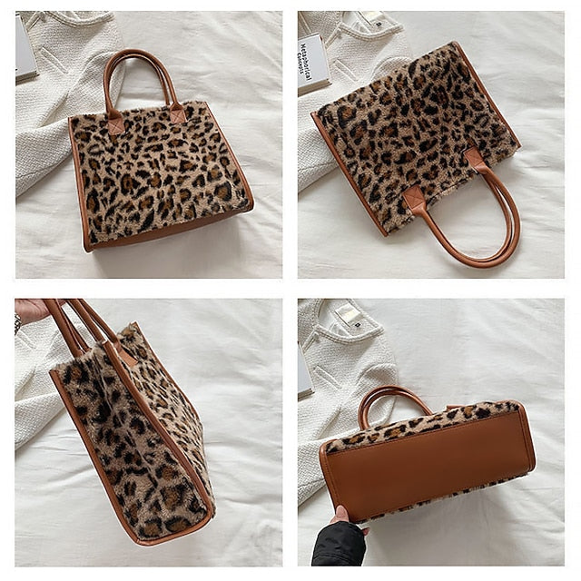 Tote Bag with Leather Faux Leopard Print Brown Women's Fur FashionChic