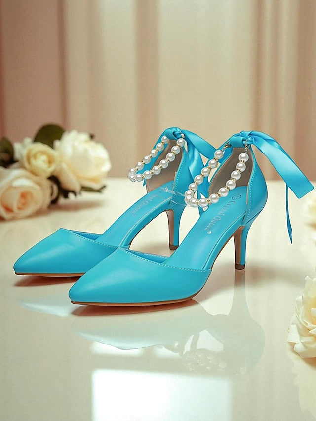 Ankle Pumps Heel Strap - Bow Women's Pearl Kitten Blue with FashionChic