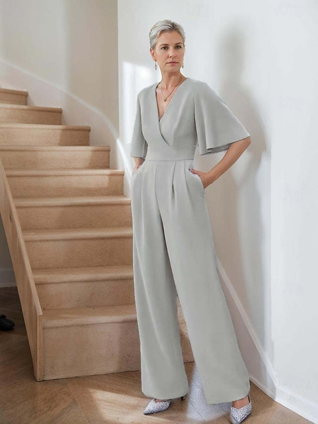 Elegant Simple Neck Bride Mother V of Minimalist Jumpsuit the FashionChic