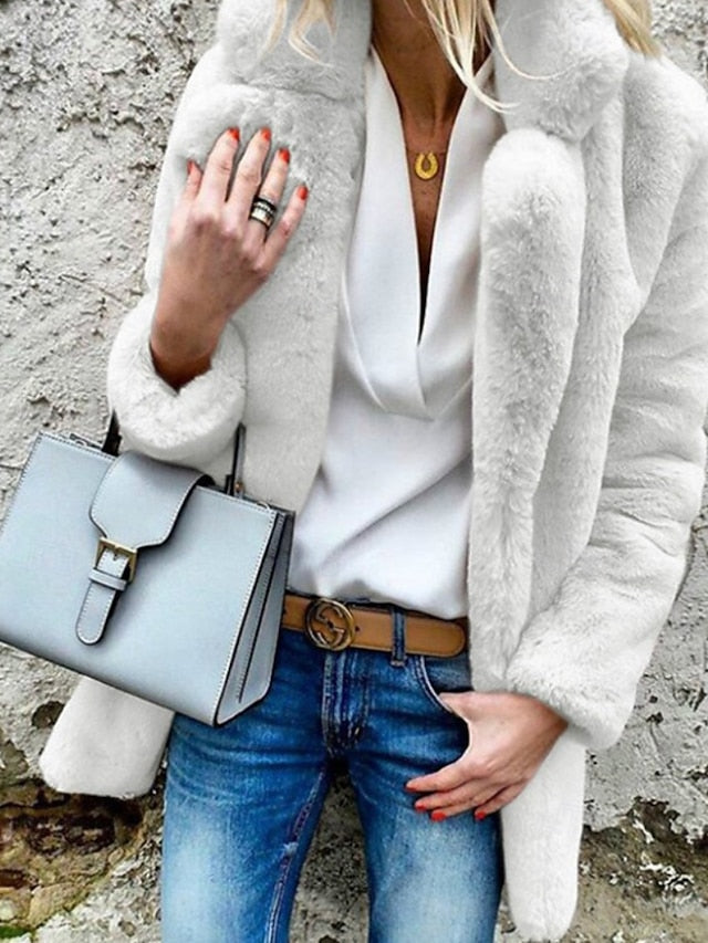 Coat Going Collar Women's Casual Comfortable Warm Plain Fur FashionChic