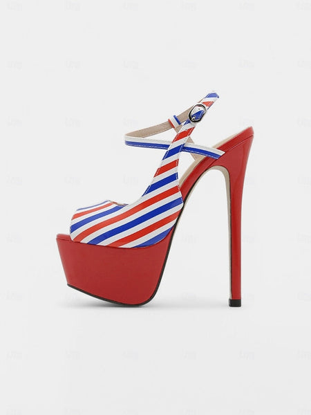 Striped White Platform Stiletto Blue Red Women's Heels and FashionChic