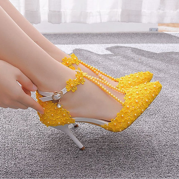 Wedding Shoes Heel Pointed High Women's Lace Bridal FashionChic