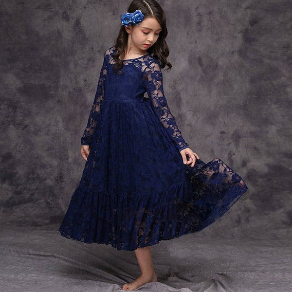 Girl Flower Colored Dress Girls' Long Kids Solid FashionChic