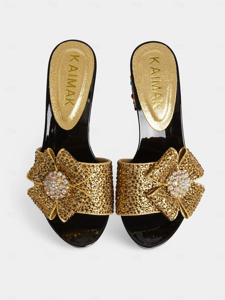 Clutch Heel Sparkling Bow Matching High with Sandals Rhinestone FashionChic