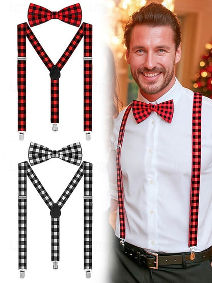 Men's Set Tie Plaid and Adjustable Suspender Bow Christmas FashionChic