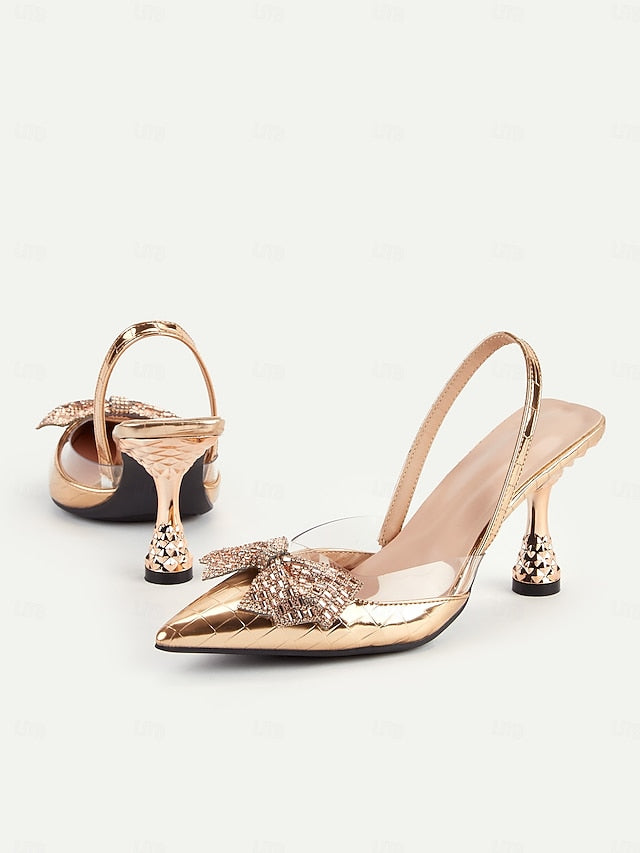 Bow Heels Quilted Gold Slingback with Women's Detail - FashionChic