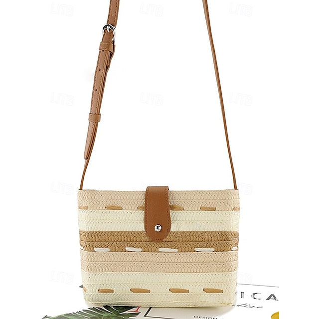 Woven with Women's Colorblock Straw Striped Brown Tote Bag FashionChic
