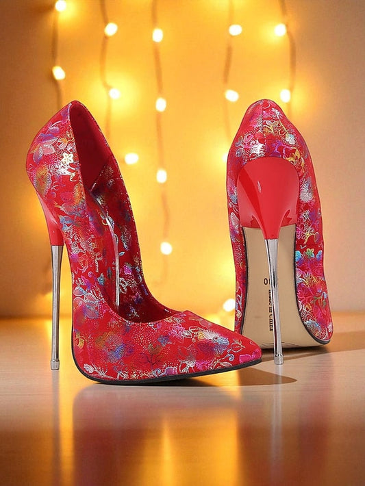 Stiletto Heels High Women's Jacquard Red FashionChic
