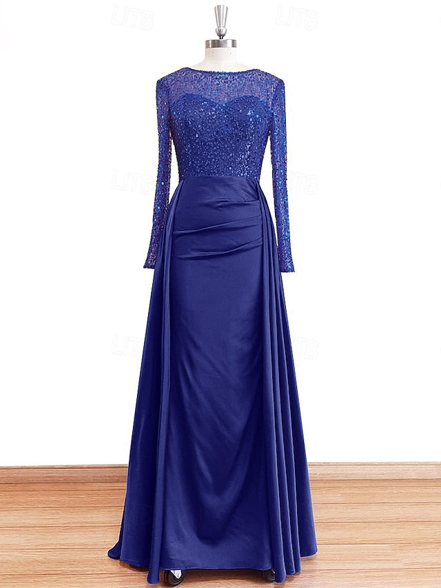 RuchedSatin Dress Sleeves Mermaid Gown Evening Sequin Long FashionChic