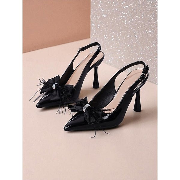Patent Leather Women's Slingback Feather with Black Heels FashionChic