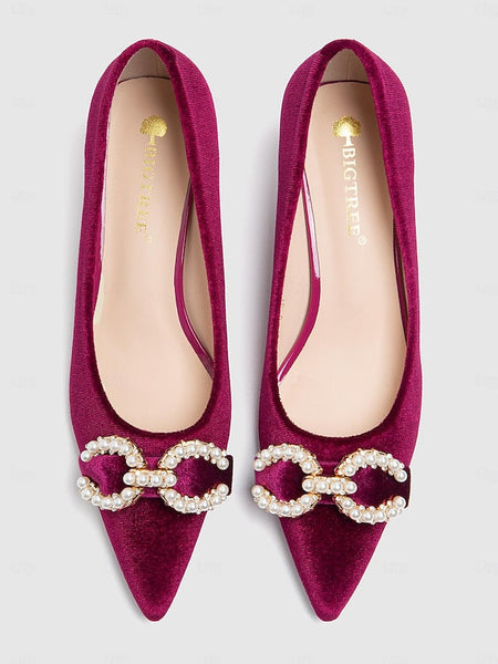 Velvet Kitten Pearl with Burgundy Bow Heel - Women's Pumps FashionChic
