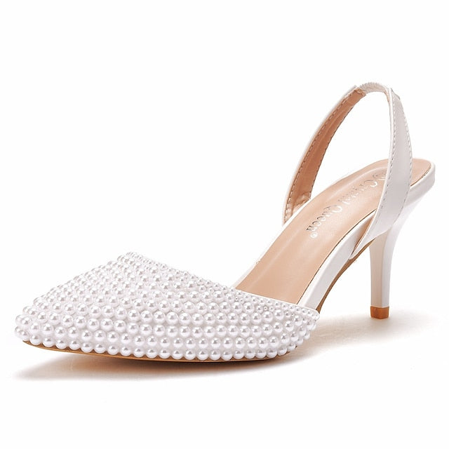 with Pearl Women's Slingback Embellishments White – Heels FashionChic