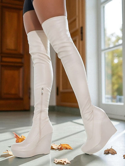 - Heel Over Black Knee Wedge the Faux Women's Leather Boots FashionChic