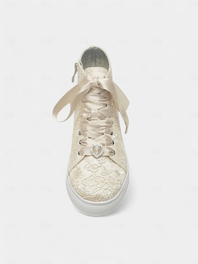with Ivory Sneakers Satin Wedding Women's Laces Lace Ribbon FashionChic